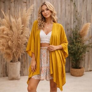 Boho Mustard Kimono Duster Lightweight Sheer Cardigan Festival Beach One Size